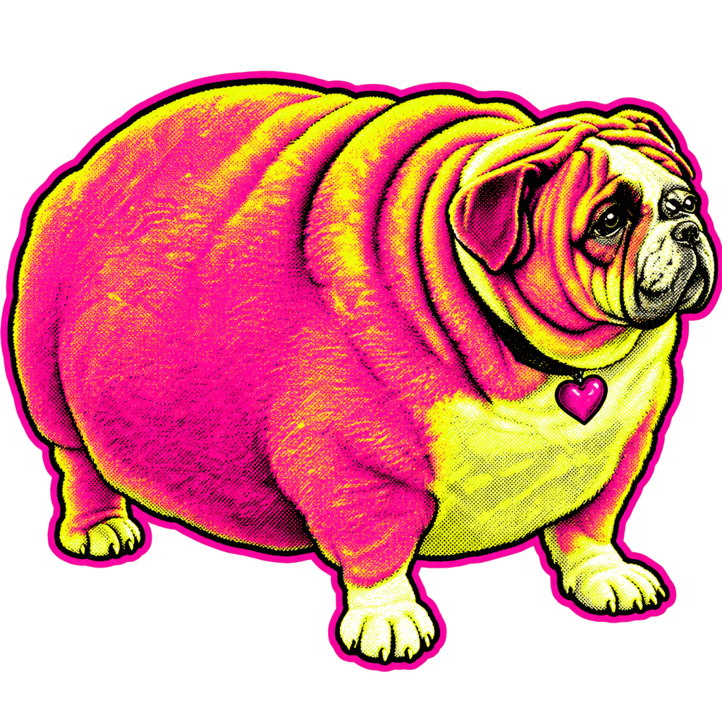 Hot-pink and yellow sticker of FatDog standing, thick black outline
