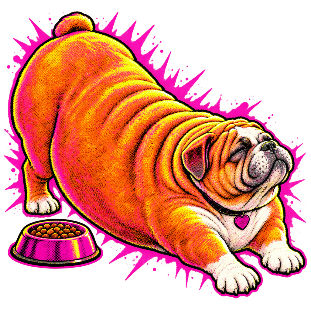 FatDog in a play-bow stretching toward a magenta food bowl