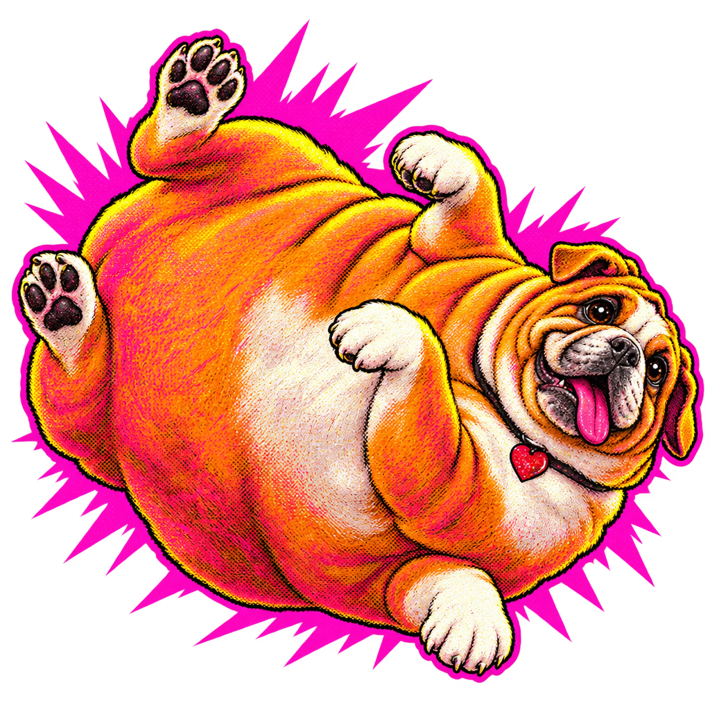 FatDog rolled onto its back, paws up, grinning