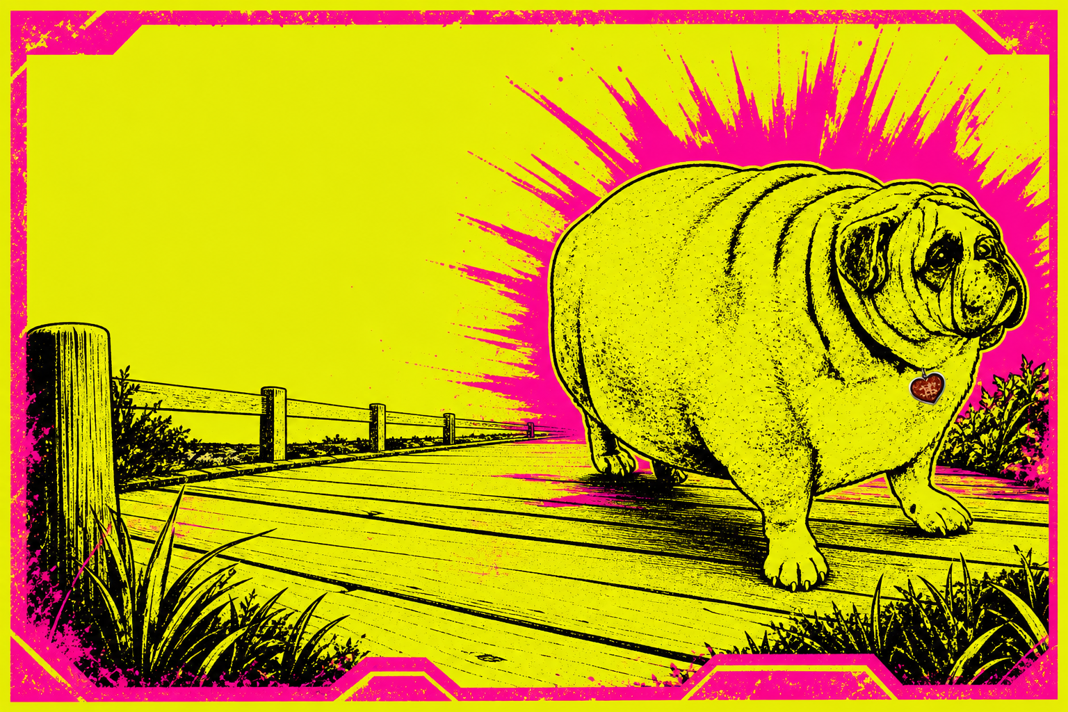 FatDog on a boardwalk in front of a magenta sunburst, acid-flyer banner