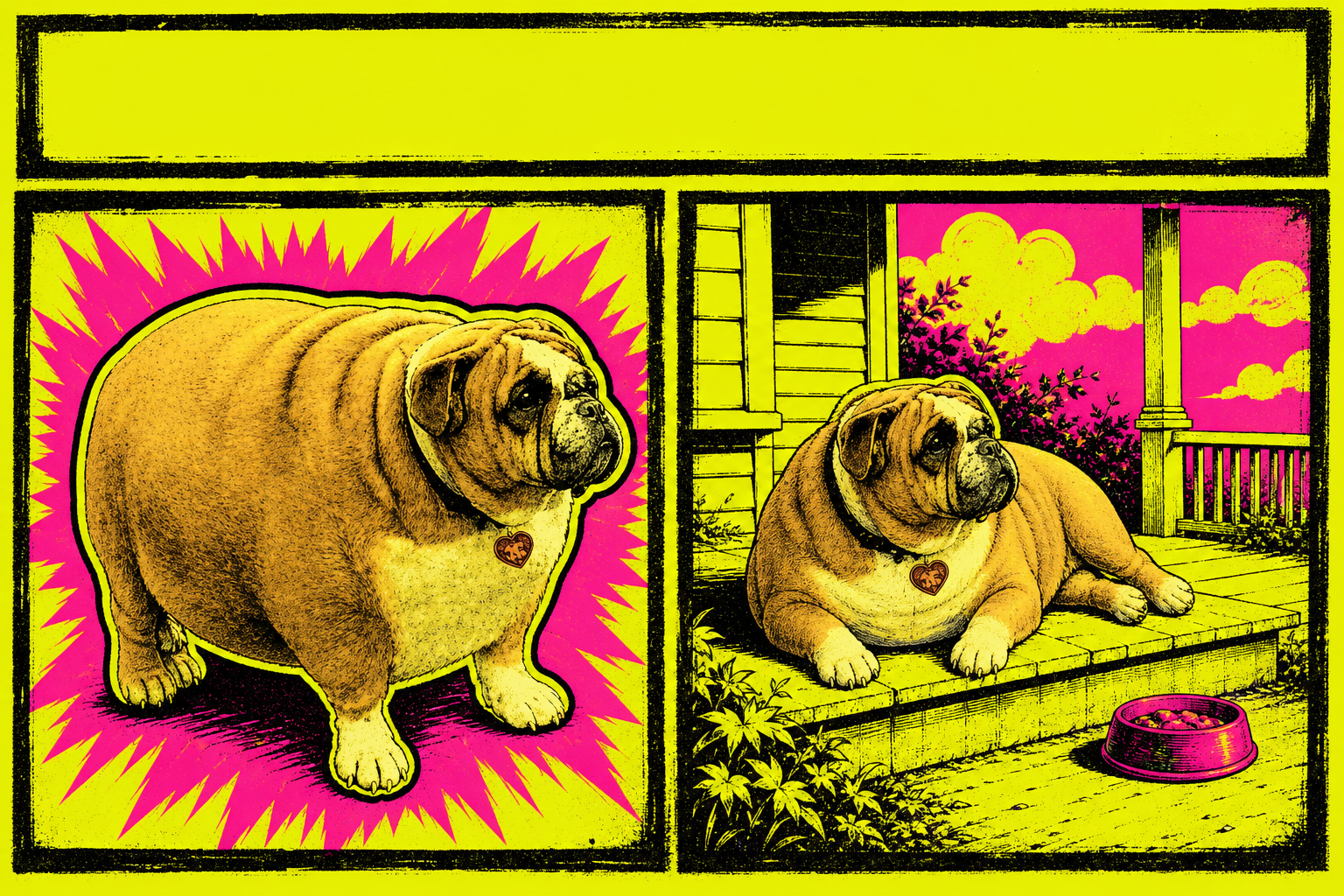 Two-panel comic: FatDog stamped on a sunburst, then lounging on a porch beside a food bowl